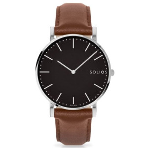 Solios Watch Solar Black | Brown Vegan Leather 40mm - Silver Case